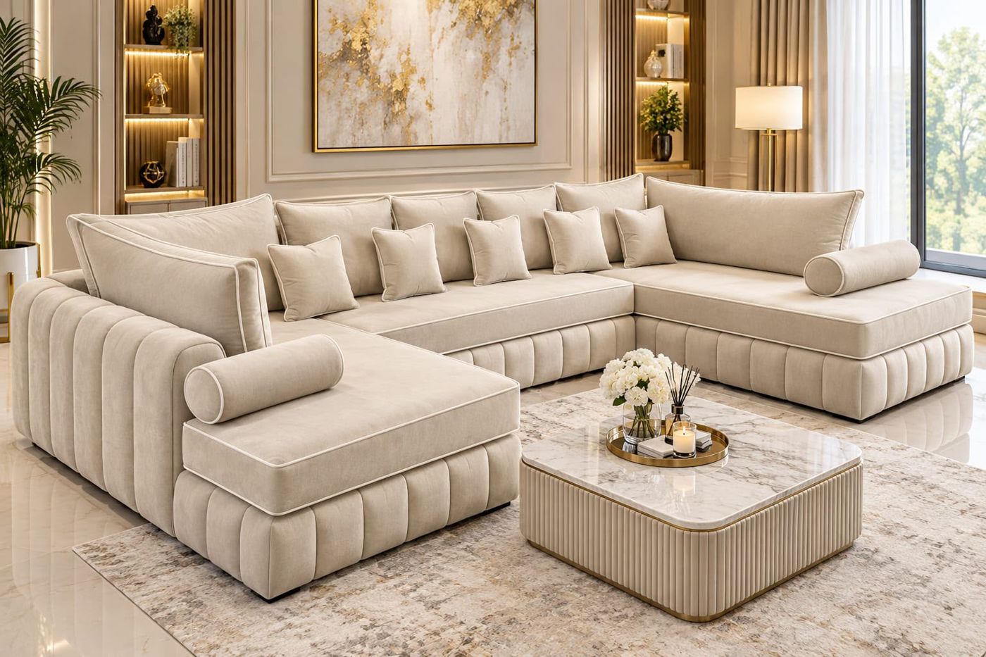 Lilly U-shape sofa in cream fabric